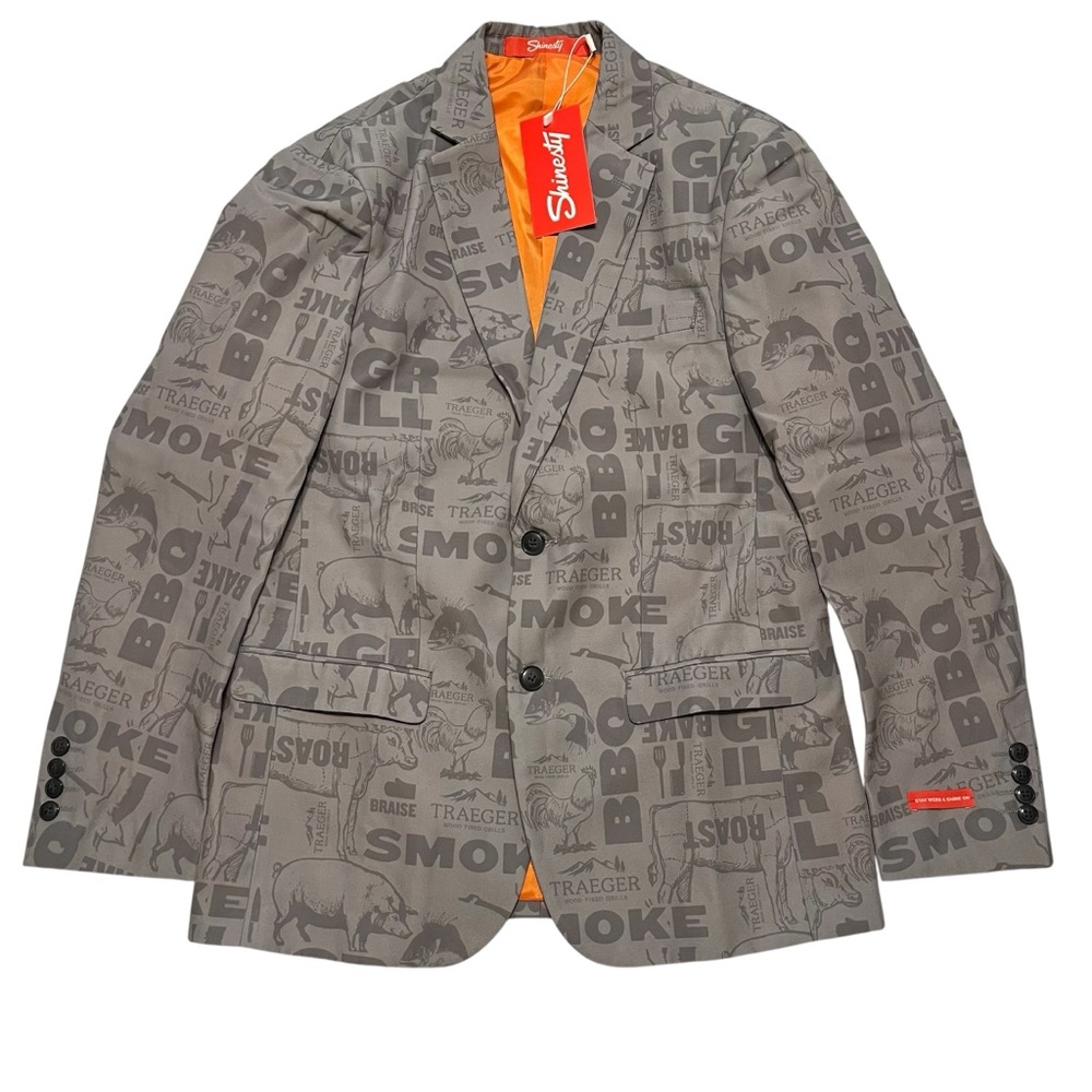 NWT Shinesty BBQ Grill Smoke Blazer Jacket Size 40 Traeger Meat Print Novelty
